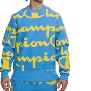 Champion Sweatshirt Mens Blue Reverse Weave All Over Print Pullover Retro